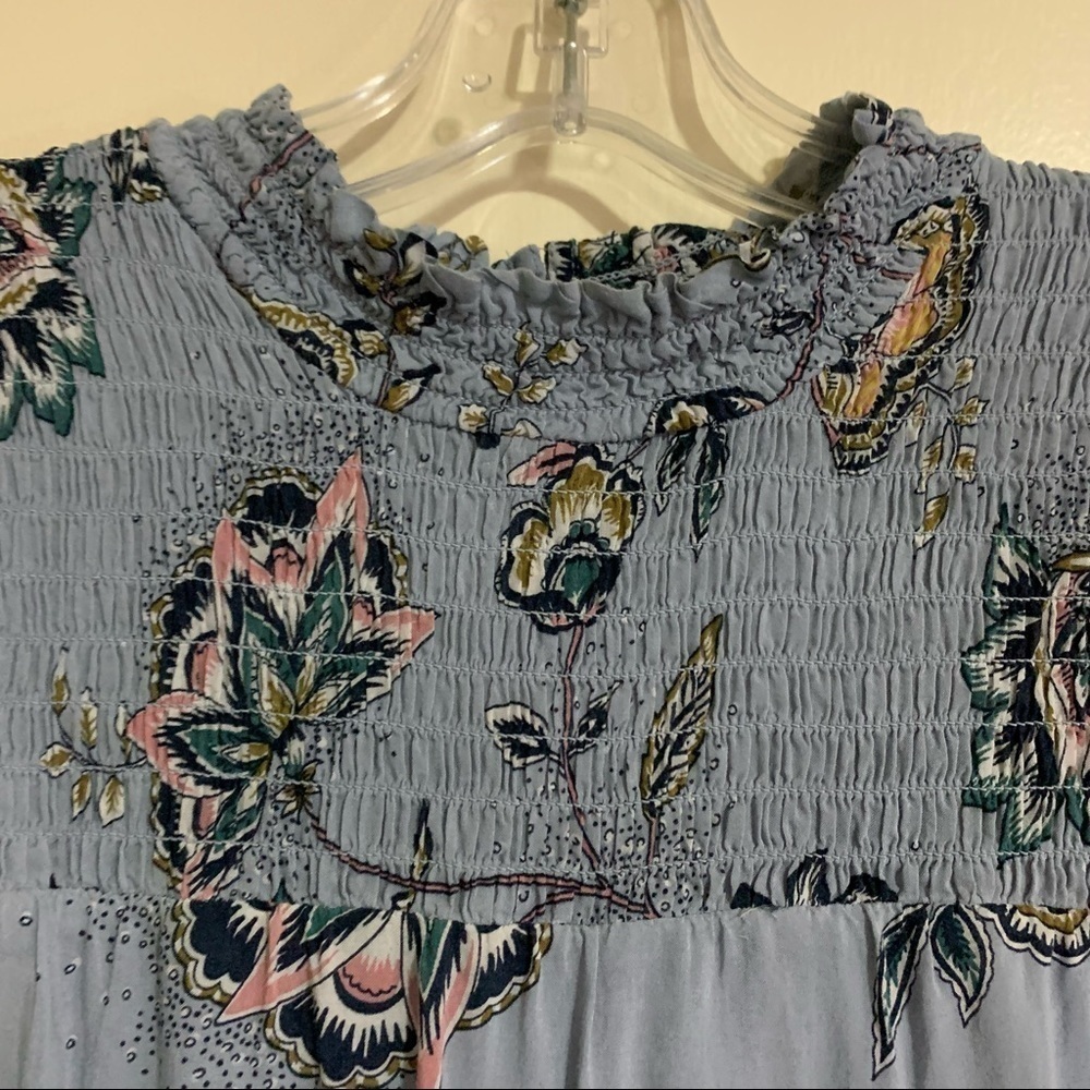 Dr2 Smocked Ruffled High Collar Button Back Blue Floral Maxi Dress. Size small - Picture 9 of 12